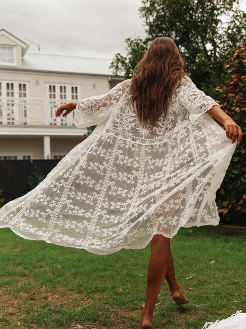 White boho mesh Sheer Embroidered Cover-Up - Picture 3 of 6